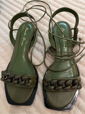 Piazza Flower Olive Green Chain-Trim Lace-Up Sandals